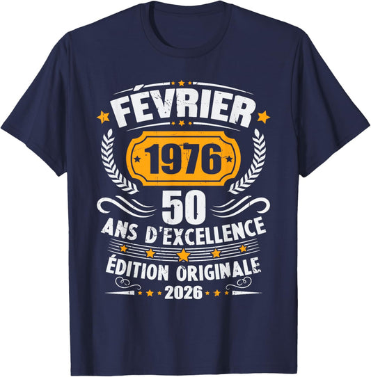 Vintage February 1976 50th Birthday Gift Man Woman T-Shirt - T-Shirt | Navy