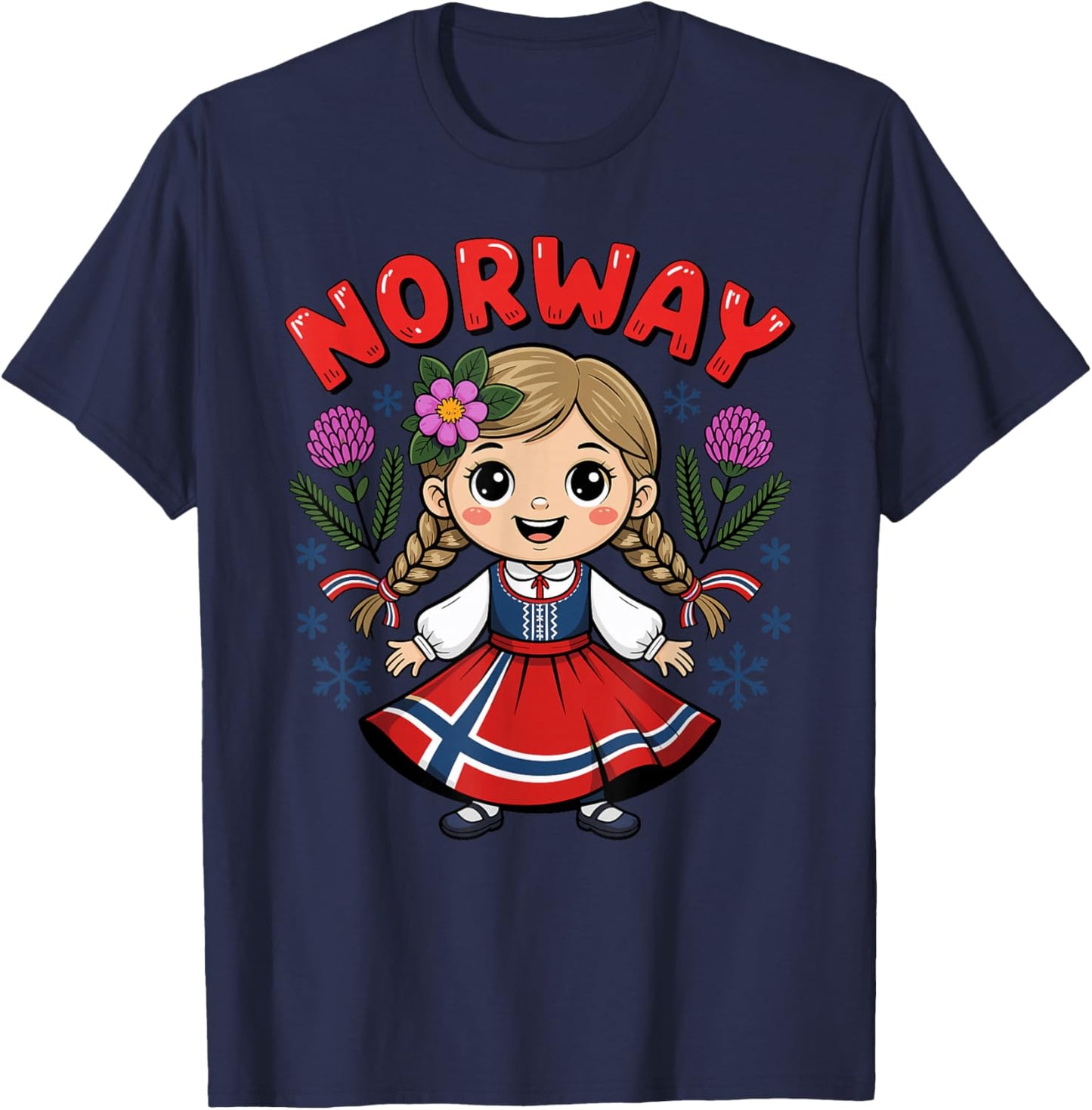 Jolie Fille Norvégienne Robe Drapeau et Fleurs pour Enfants T-Shirt - T-Shirt | Navy