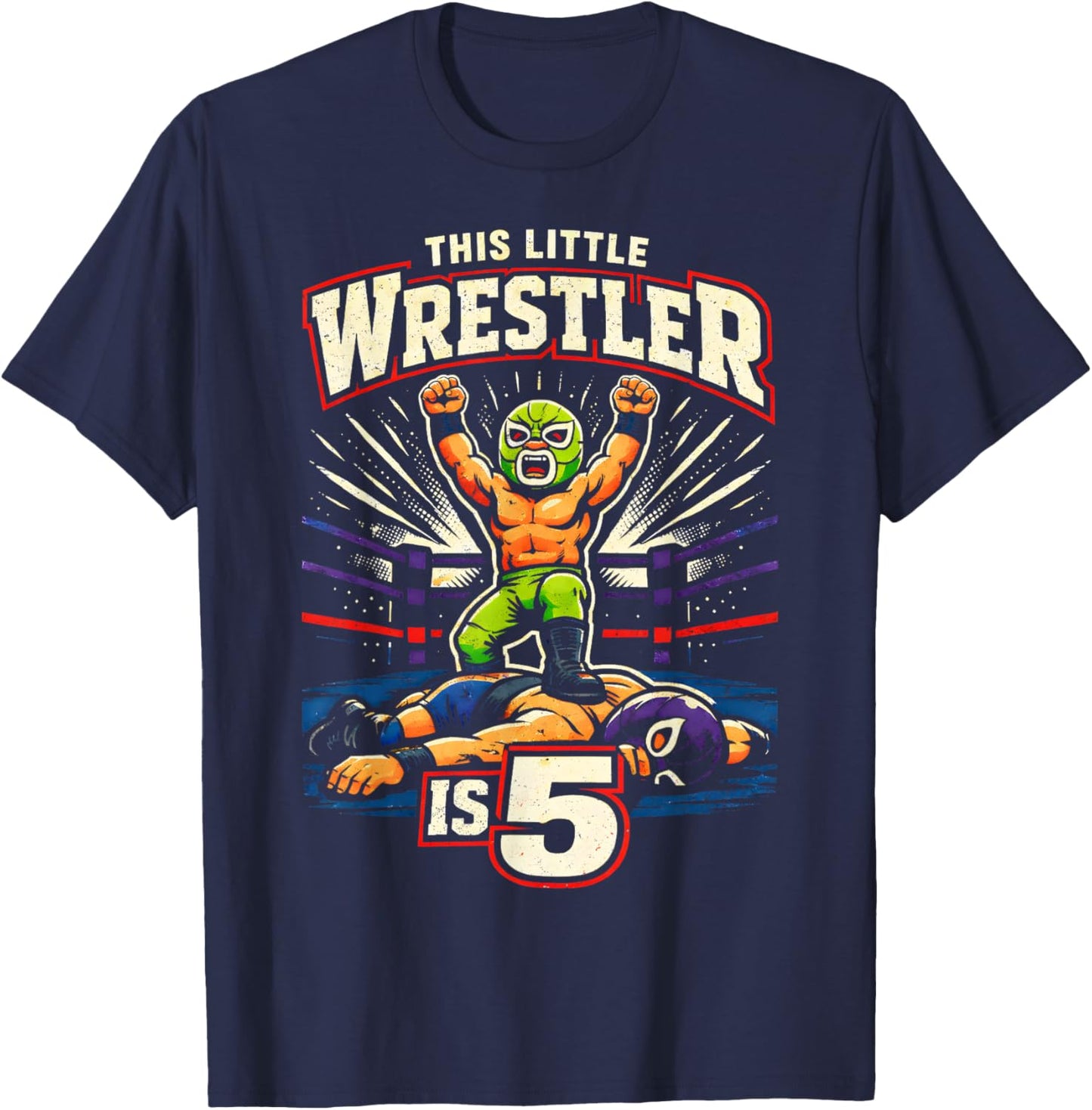 5th Wrestling Birthday Party This Little Wrestler is 5 T-Shirt - T-Shirt | Navy