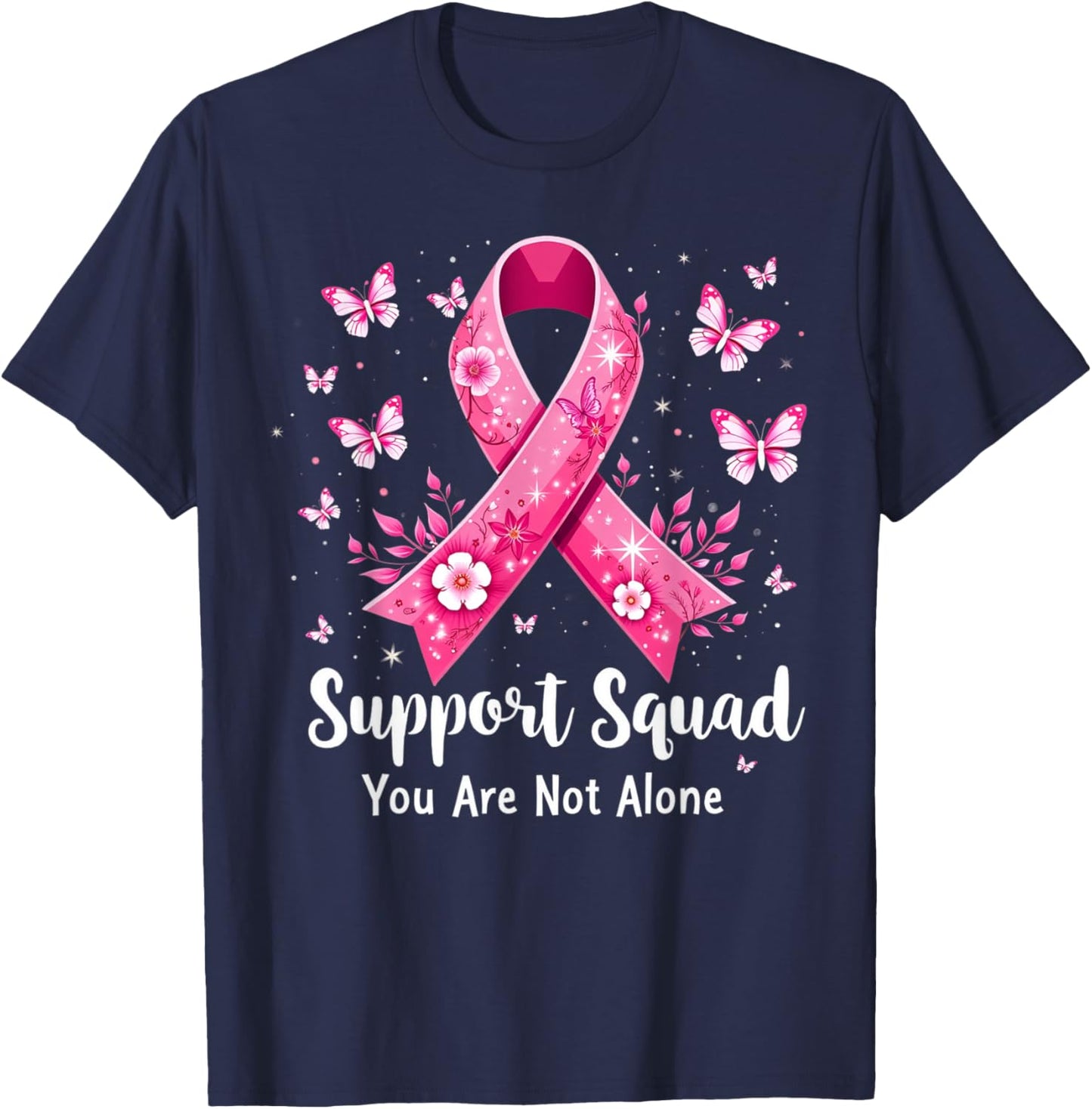 Support Squad Breast Cancer Awareness Butterfly Pink Ribbon T-Shirt - T-Shirt | Navy