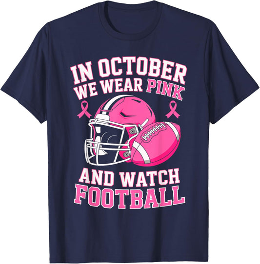 in October We Wear Pink Support Team Breast Cancer Football T-Shirt - T-Shirt | Navy
