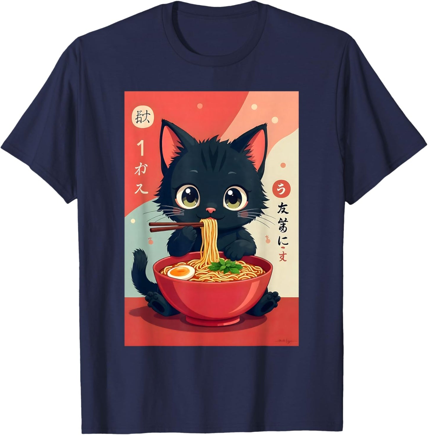 Kitten Eating Japanese Noodles Anime Manga Baby Cat Ramen T-Shirt - T-Shirt | Navy
