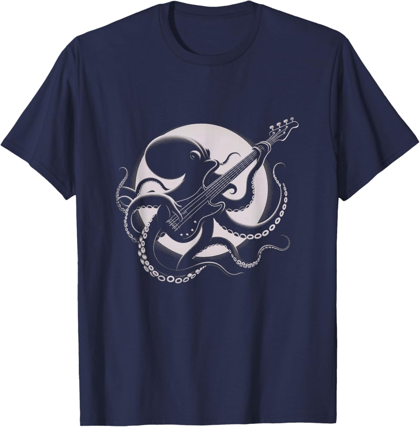 Vintage Octopus Playing Bass Guitar Drawing Art Design T-Shirt - T-Shirt | Navy