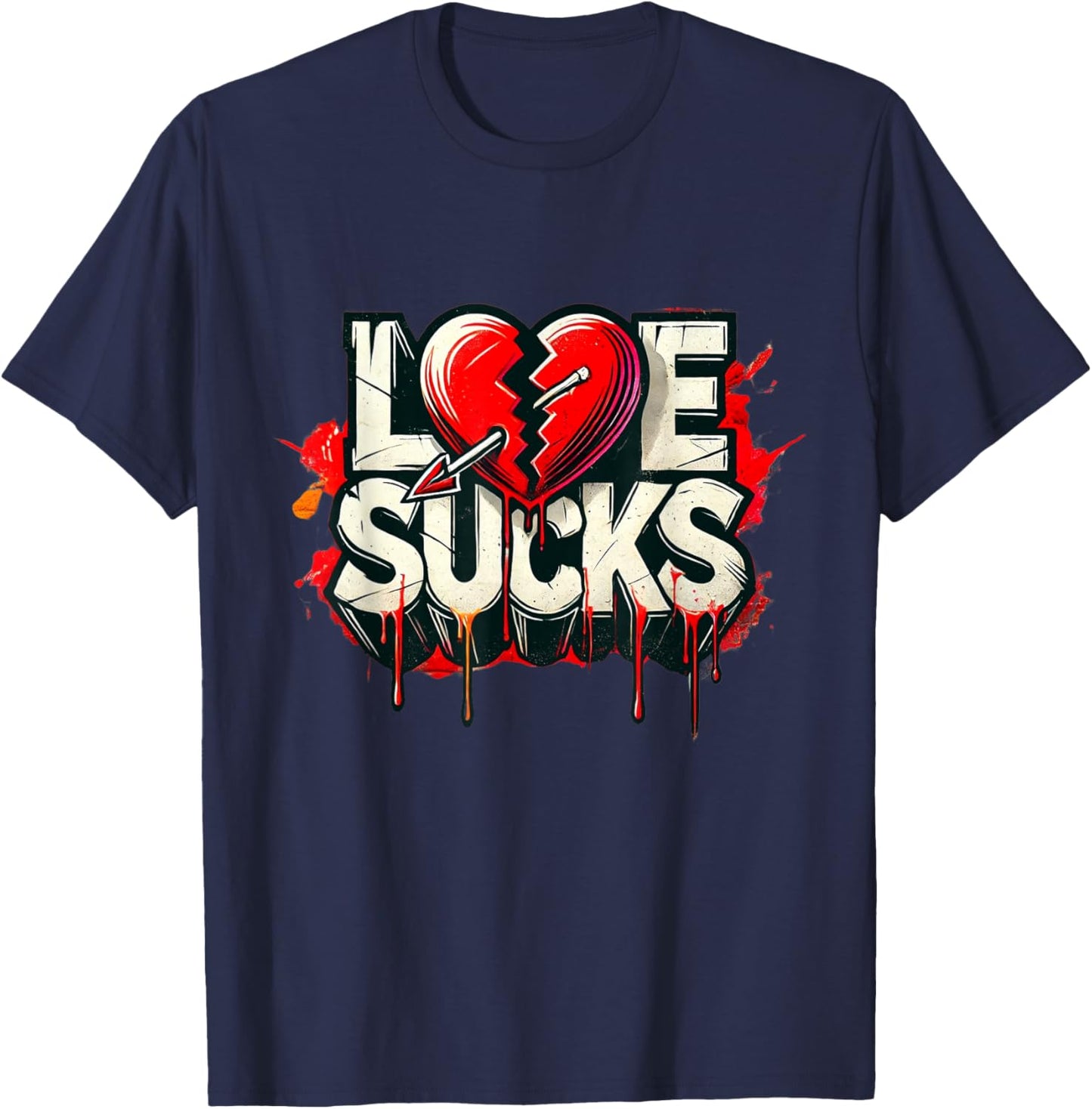 Love Sucks Broken Heart Dripping Design T-Shirt - T-Shirt | Navy