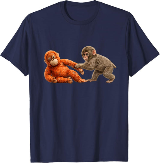 Baby Monkey Abandoned by Mother Hugging Plush Monkey T-Shirt - T-Shirt | Navy