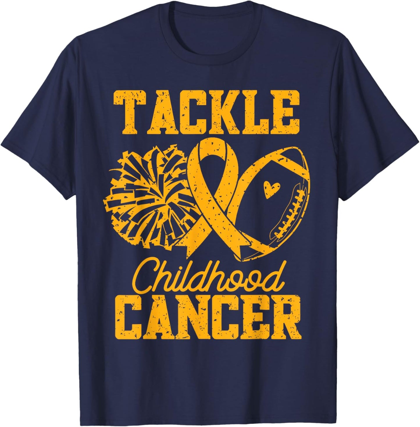 Gold Ribbon Football Tackle Childhood Cancer Awareness T-Shirt - T-Shirt | Navy