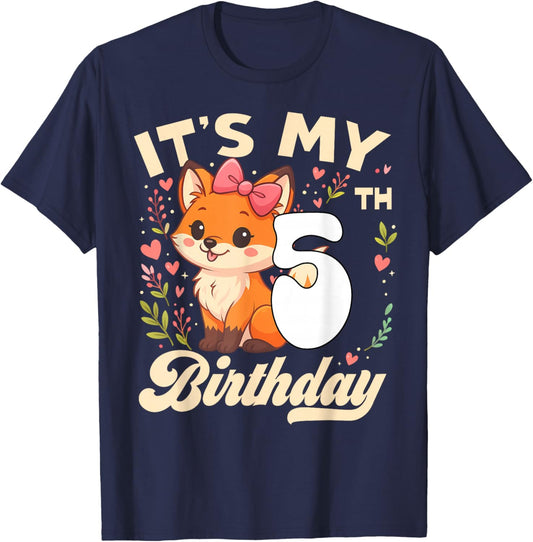 Fox Animal Lovers 5th Birthday Girl Fox B-Day 5 Years Old T-Shirt - T-Shirt | Navy