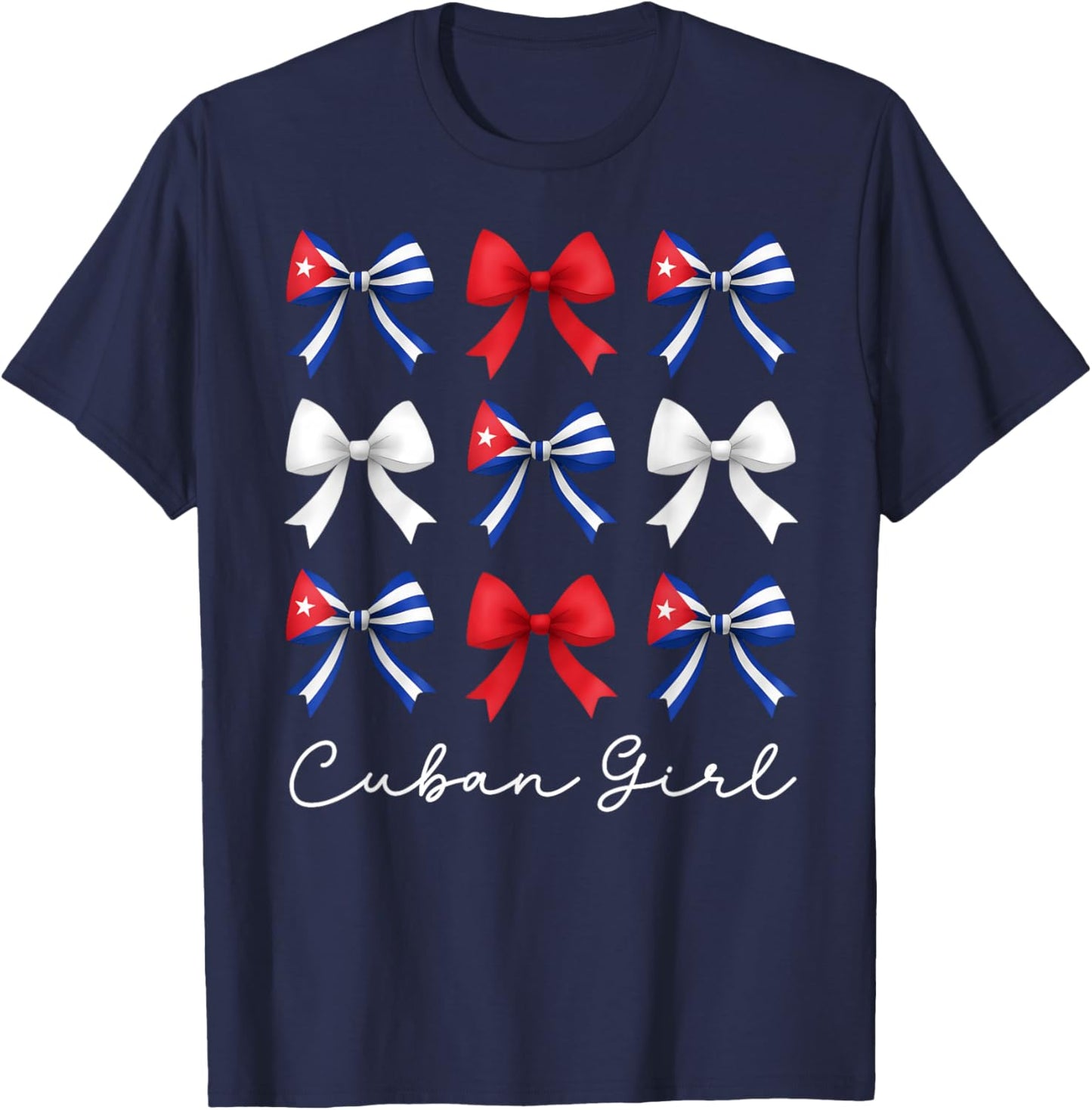 Cuban Girl Coquette Bows Hispanic Heritage Month Cuba Flag T-Shirt - T-Shirt | Navy