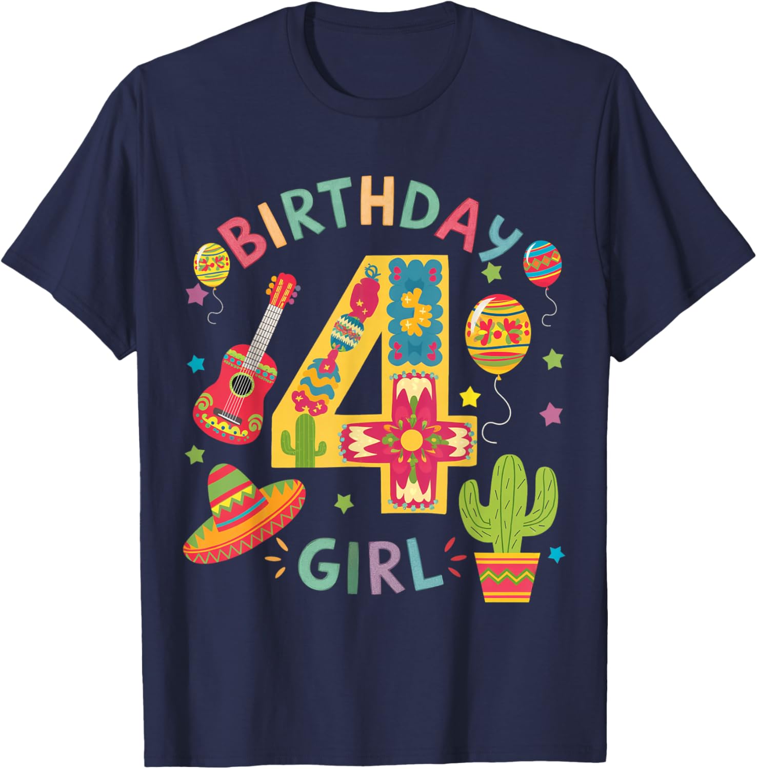 Fun Mexican Themed party 4th birthday Fiesta 4 Year Old Girl T-Shirt - T-Shirt | Navy