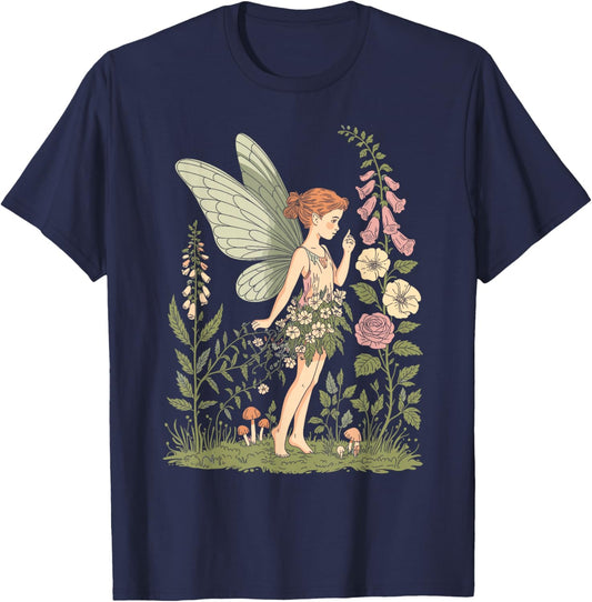 Garden Fairy Wildflowers Meadow Cottagecore Illustration T-Shirt - T-Shirt | Navy