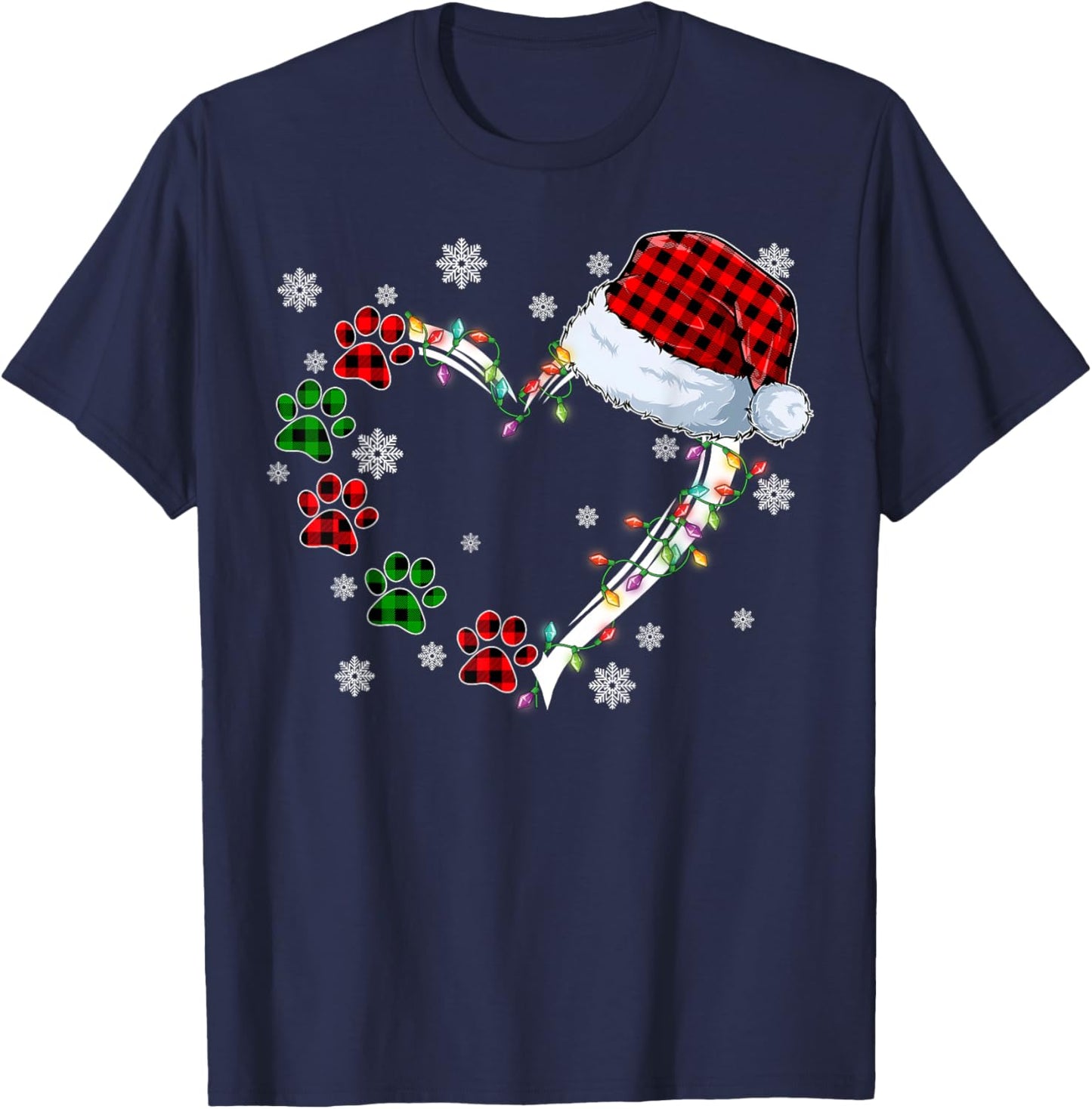 Funny Dog Cat Paws Print Heart Santa Hat Christmas Pajamas T-Shirt - T-Shirt | Navy