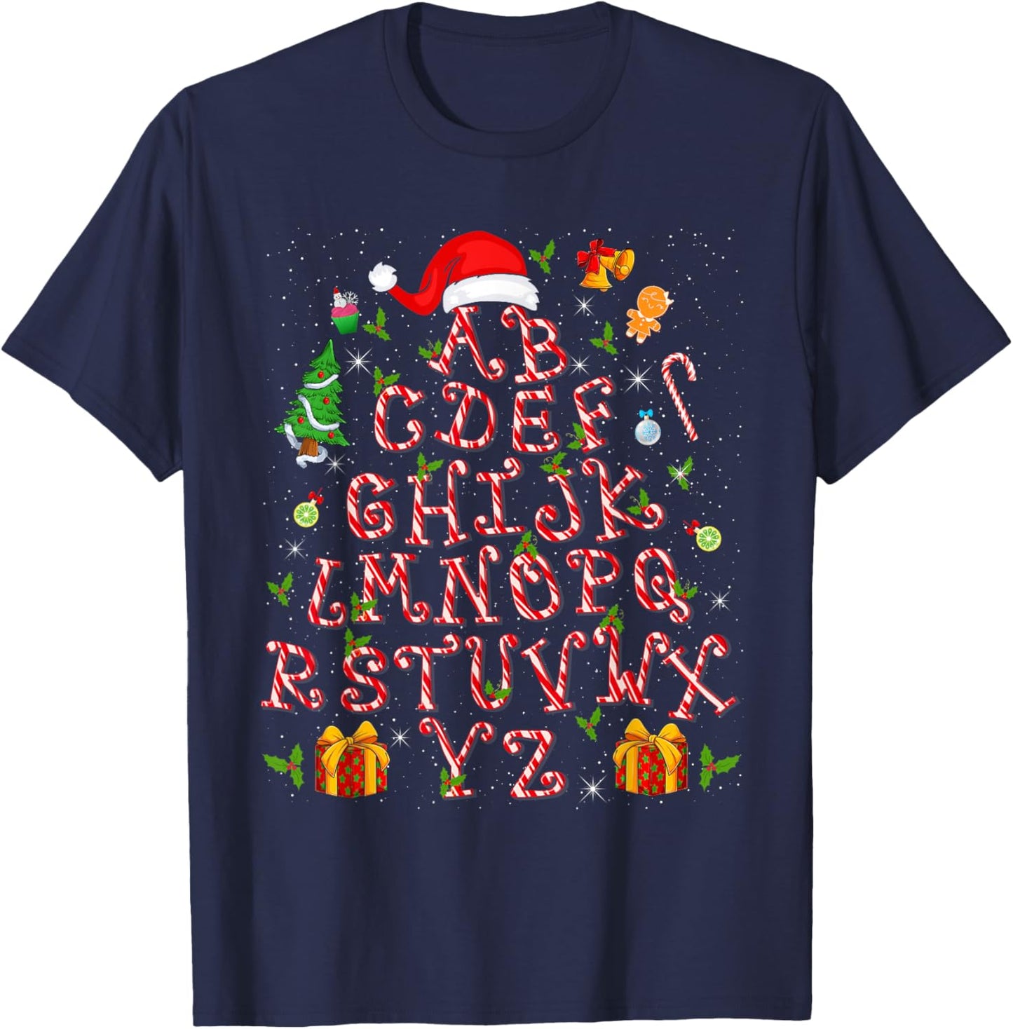 Christmas Tree Alphabet Candy Cane Xmas Holiday Teacher T-Shirt - T-Shirt | Navy