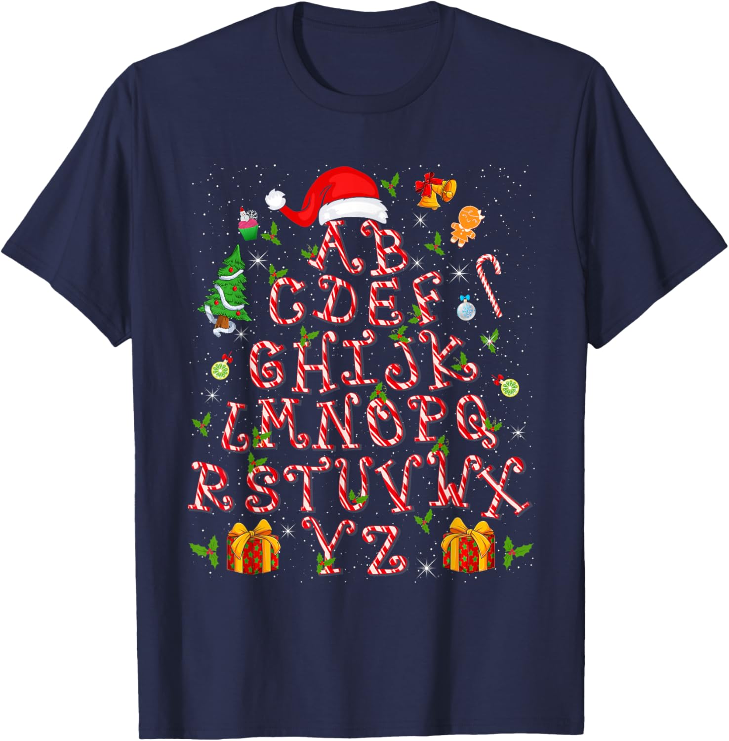 Christmas Tree Alphabet Candy Cane Xmas Holiday Teacher T-Shirt - T-Shirt | Navy