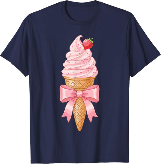 Coquette Ice Cream Cone Bow Shirt Women, Cute Mother Day T-Shirt - T-Shirt | Navy
