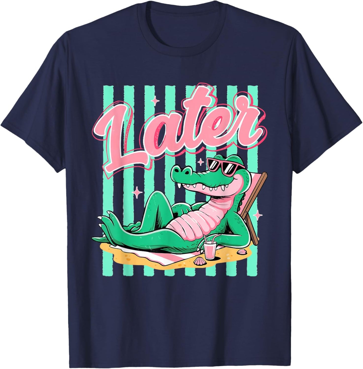 Striped Later Gator Alligator Summer Beach Vibes Cute Girly T-Shirt - T-Shirt | Navy