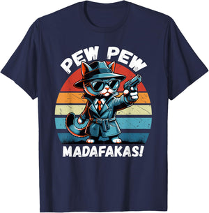 Pew Pew Madafakas Retro Vintage Funny Crazy Detective Cat T-Shirt - T-Shirt | Navy