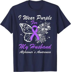 I Wear Purple For My Husband Alzheimer's Awareness Butterfly T-Shirt - T-Shirt | Navy