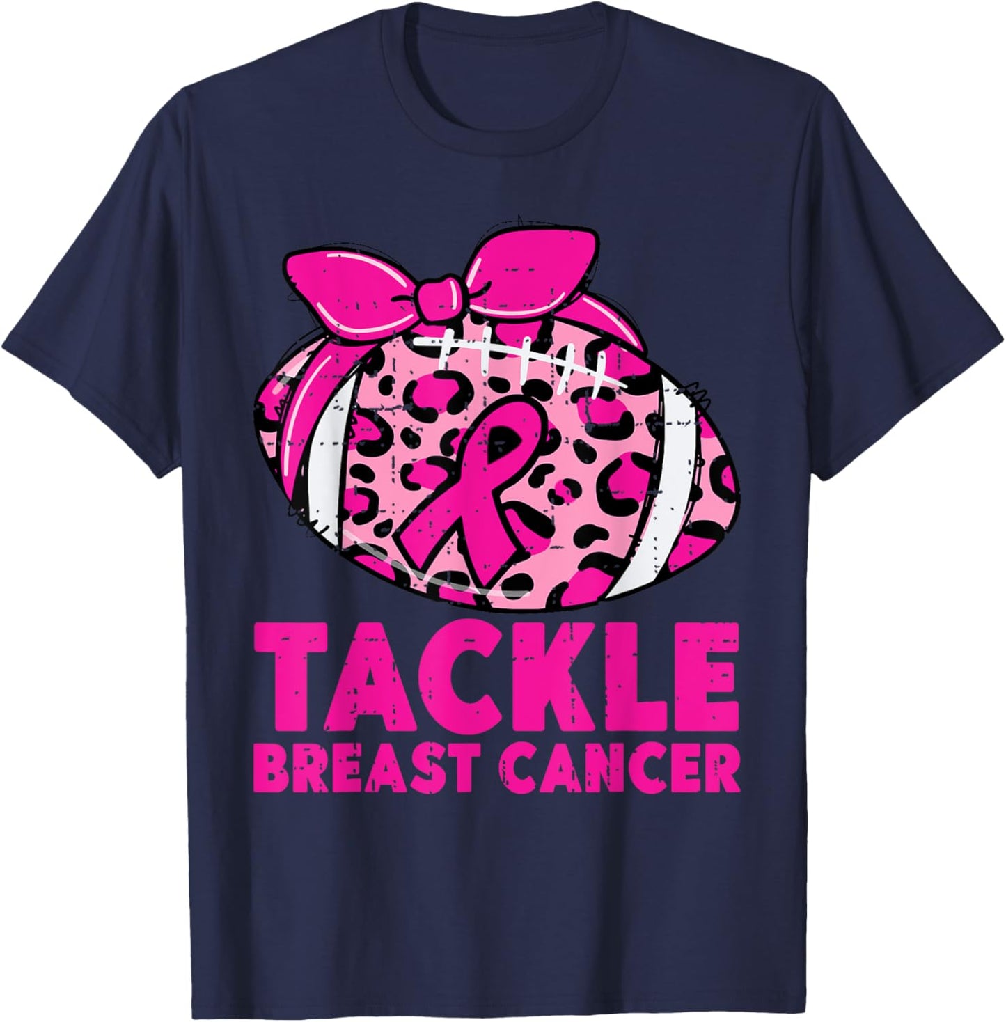 Tackle Breast Cancer Awareness Leopard Football Pink Ribbon T-Shirt - T-Shirt | Navy
