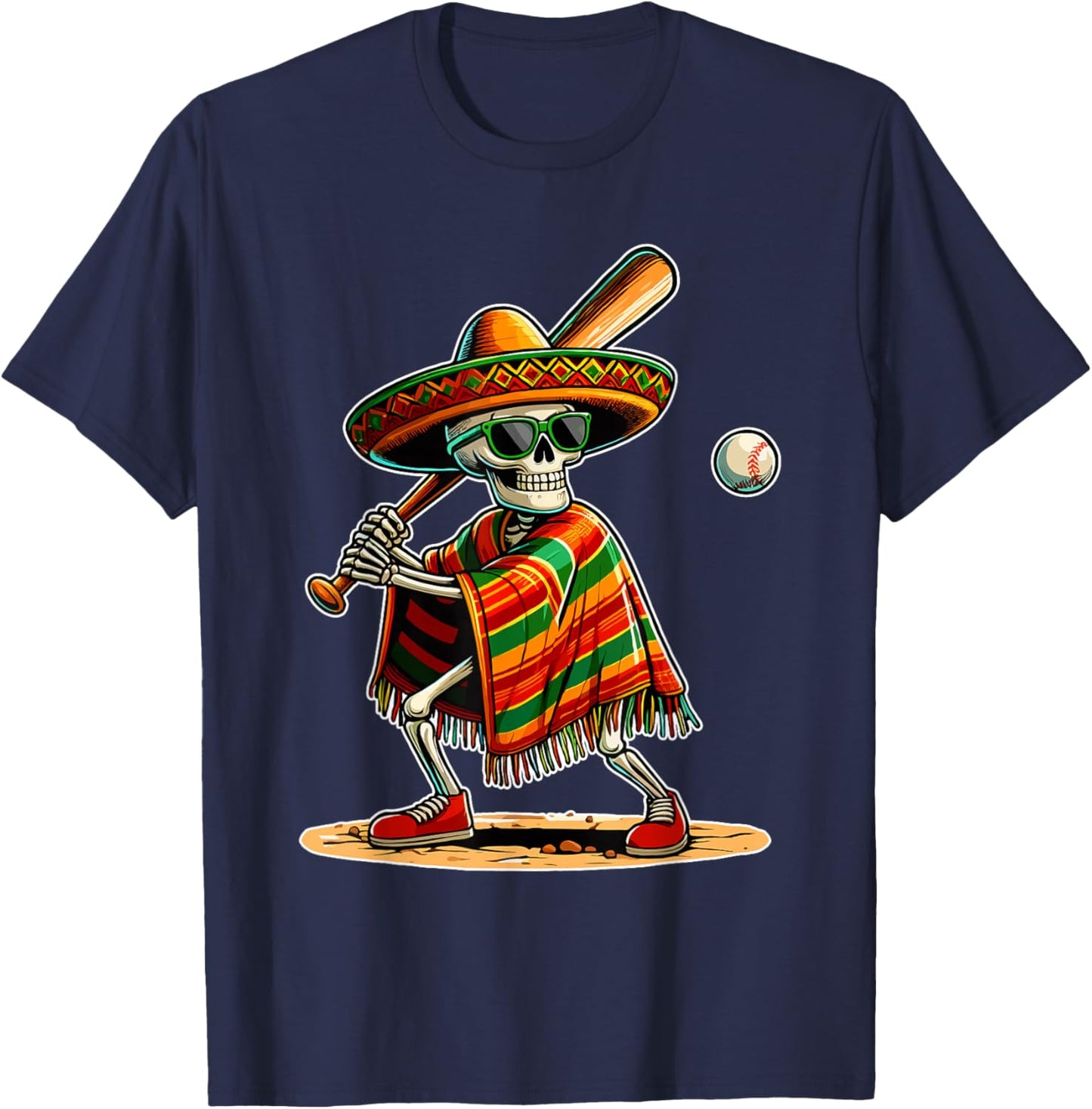 Baseball Skeleton Mexican Sombrero Cinco De Mayo T-Shirt - T-Shirt | Navy