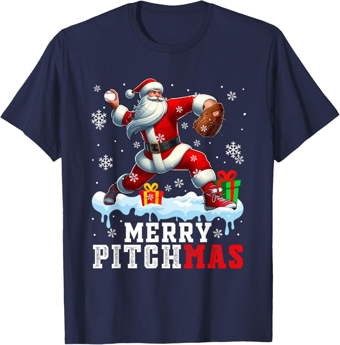 Merry Pitchmas Christmas Santa Pitcher Playing Baseball T-Shirt - T-Shirt | Navy