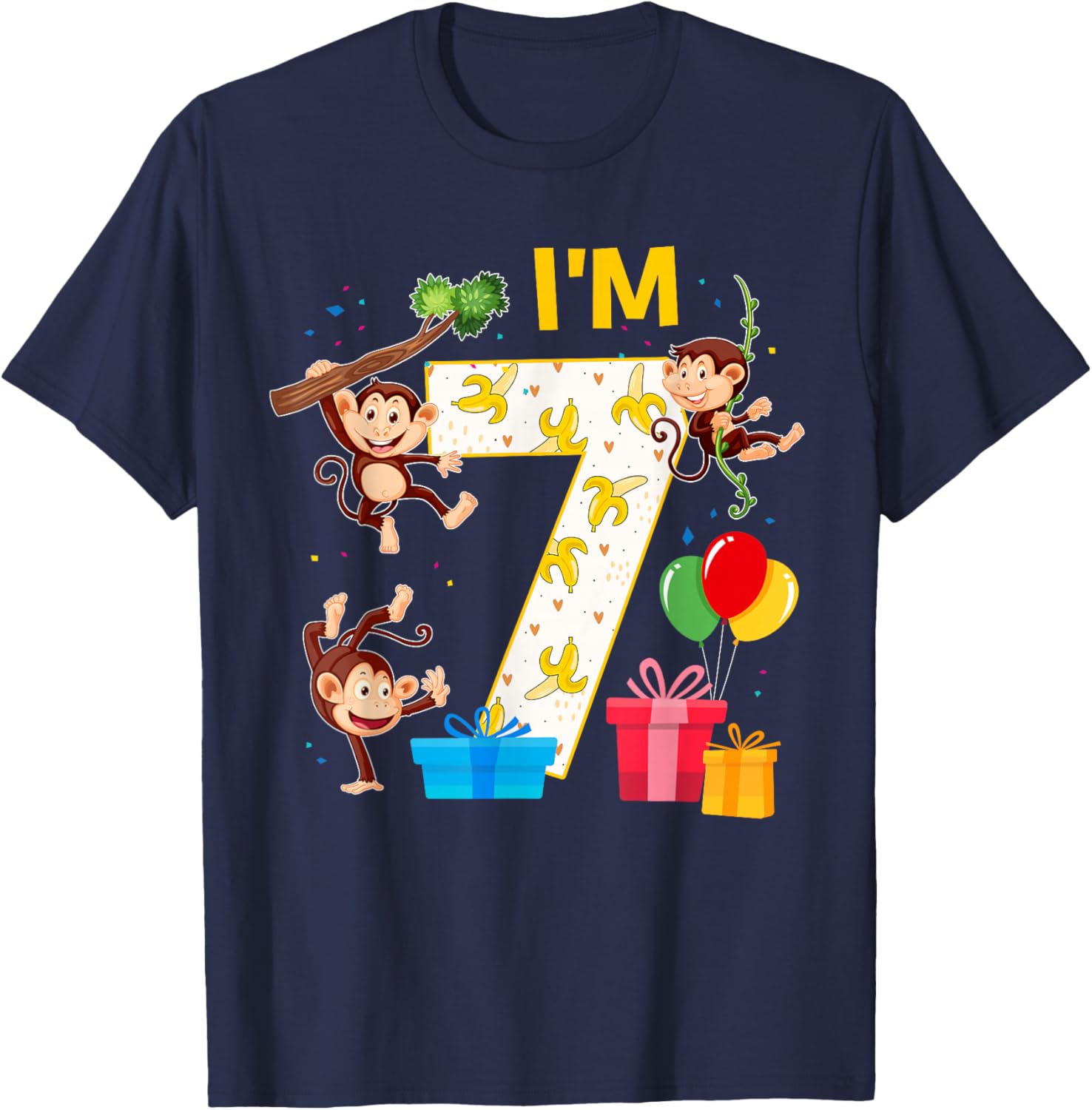 7 Year Old Birthday Monkey Lover 7th Monkey Theme Party T-Shirt - T-Shirt | Navy