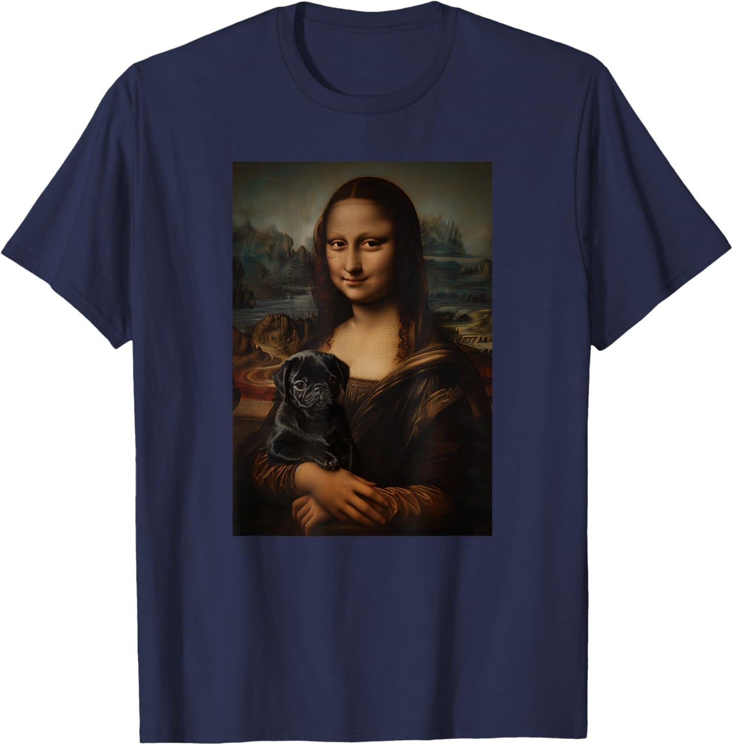 Black Pug Mona Lisa Painting Art Dog Mom Dad Men Women Kids T-Shirt - T-Shirt | Navy