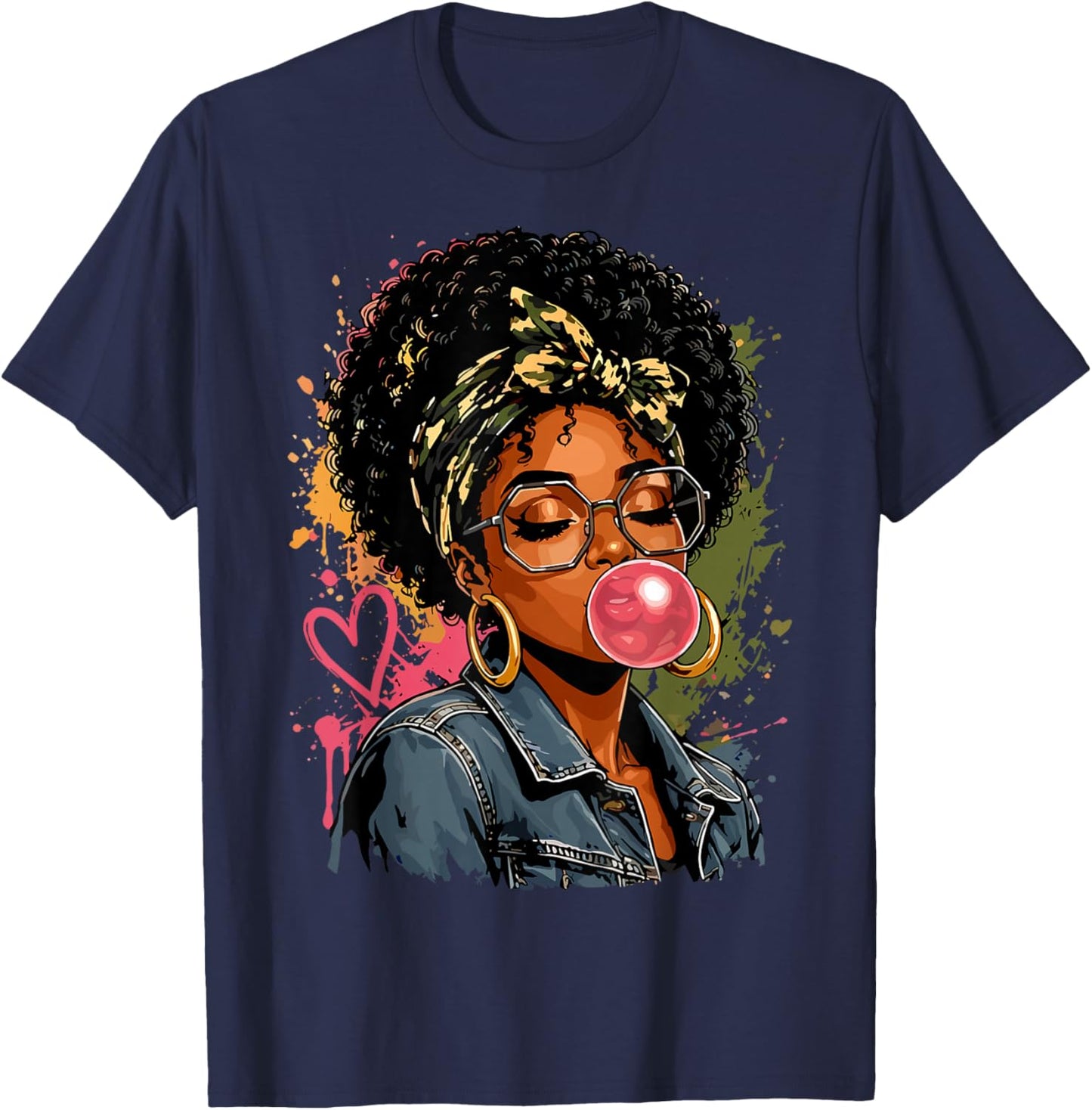 Afro Melanin Girl Bubblegum T-Shirt - T-Shirt | Navy