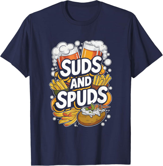 Suds and Spuds Enjoyment Celebration Cool Beer and Snacks T-Shirt - T-Shirt | Navy