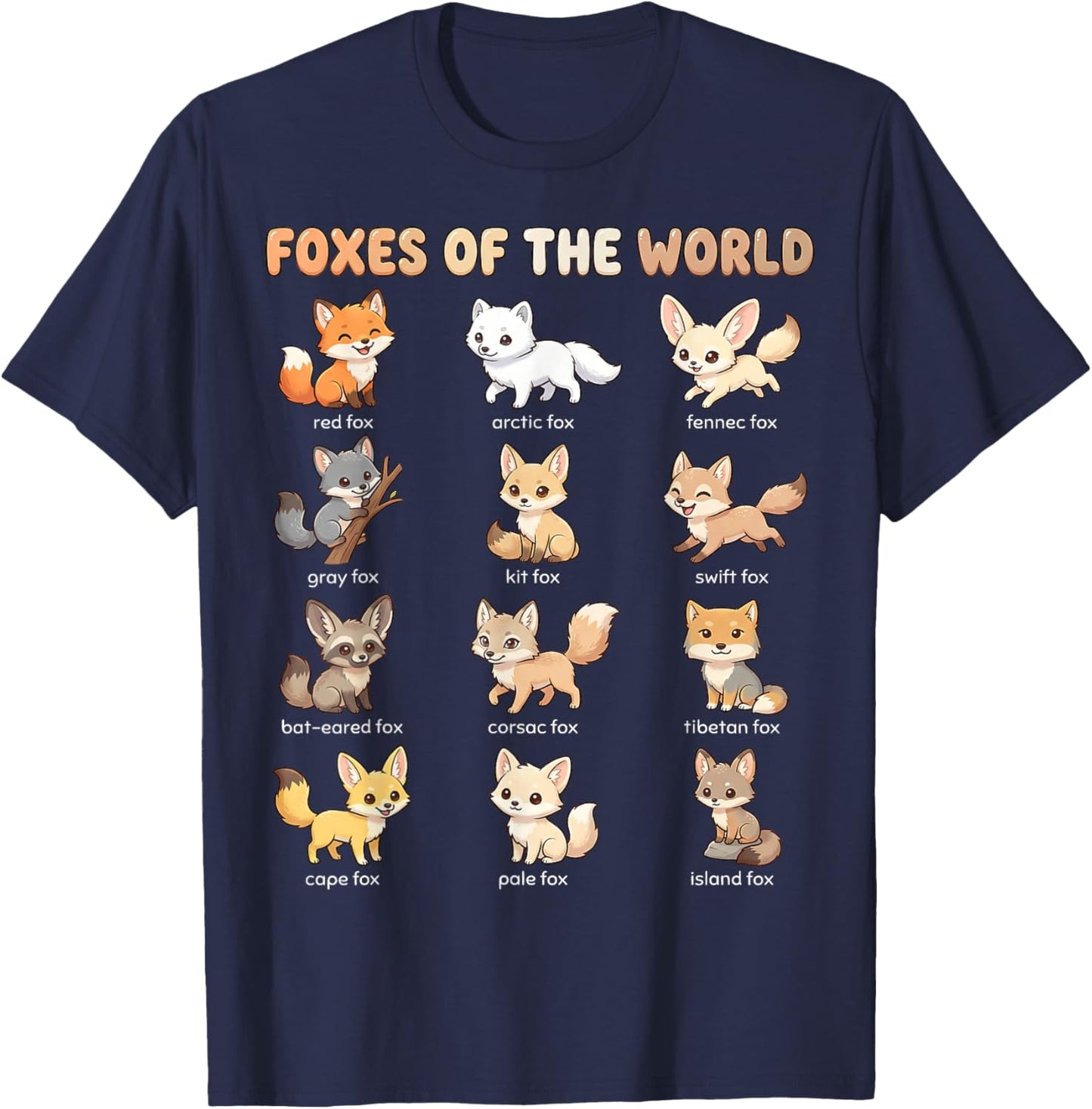 Foxes of the World Names Chart for Kids Cute Fox Species T-Shirt - T-Shirt | Navy