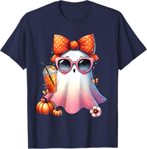 Cute Ghost Drinking Coffee With Halloween Bow Women Girls T-Shirt - T-Shirt | Navy
