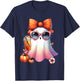 Cute Ghost Drinking Coffee With Halloween Bow Women Girls T-Shirt - T-Shirt | Navy