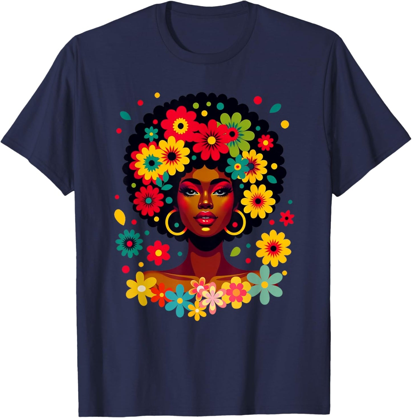 Groovy Black Woman Melanin With Flowers Afro Pride T-Shirt - T-Shirt | Navy