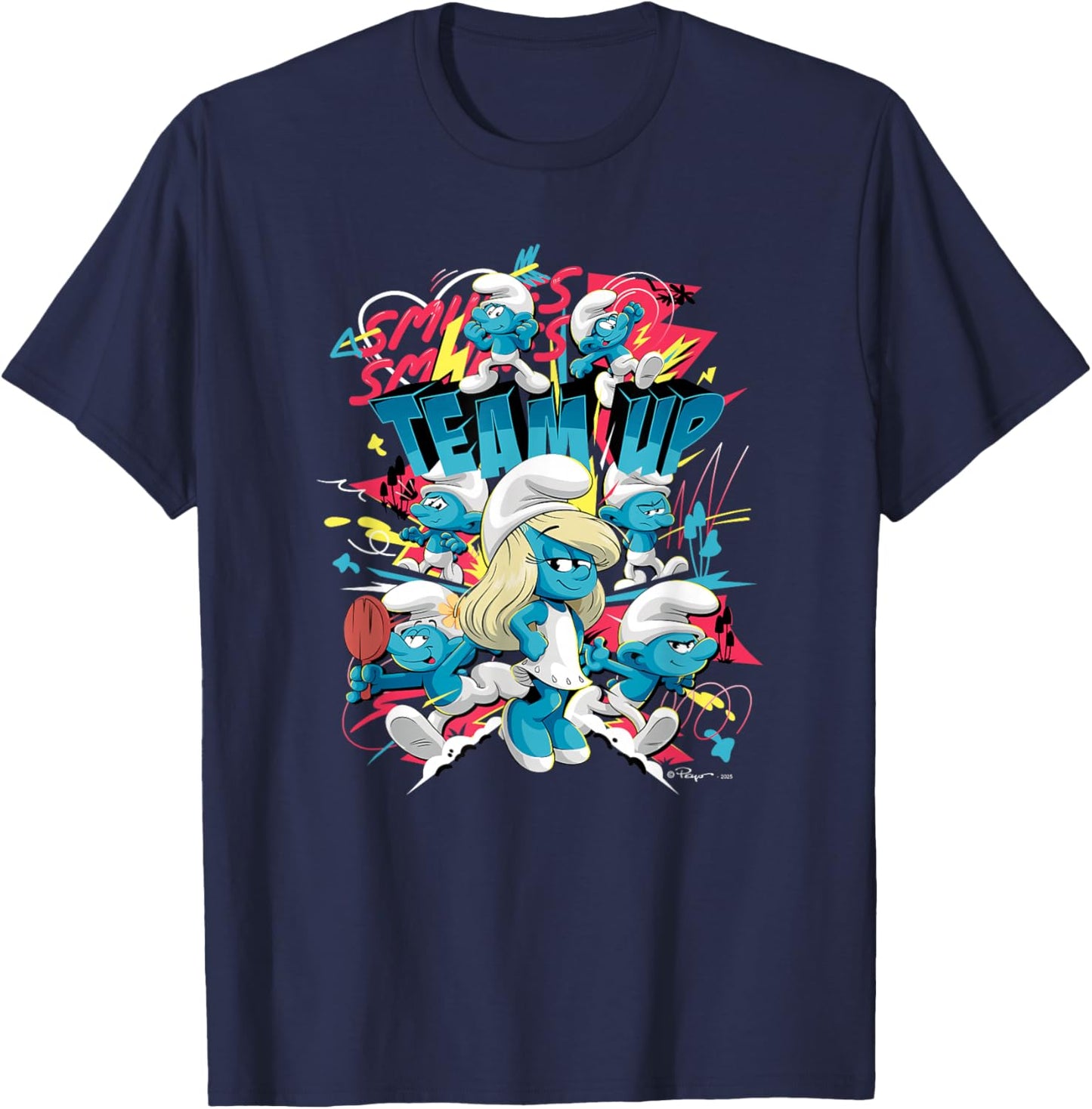 The Smurfs Movie Village Team Up Retro Cartoon T-Shirt - T-Shirt | Navy