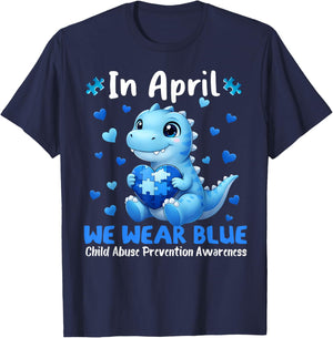 April We Wear Blue Puzzle Dinosaur Child Abuse Prevention T-Shirt - T-Shirt | Navy