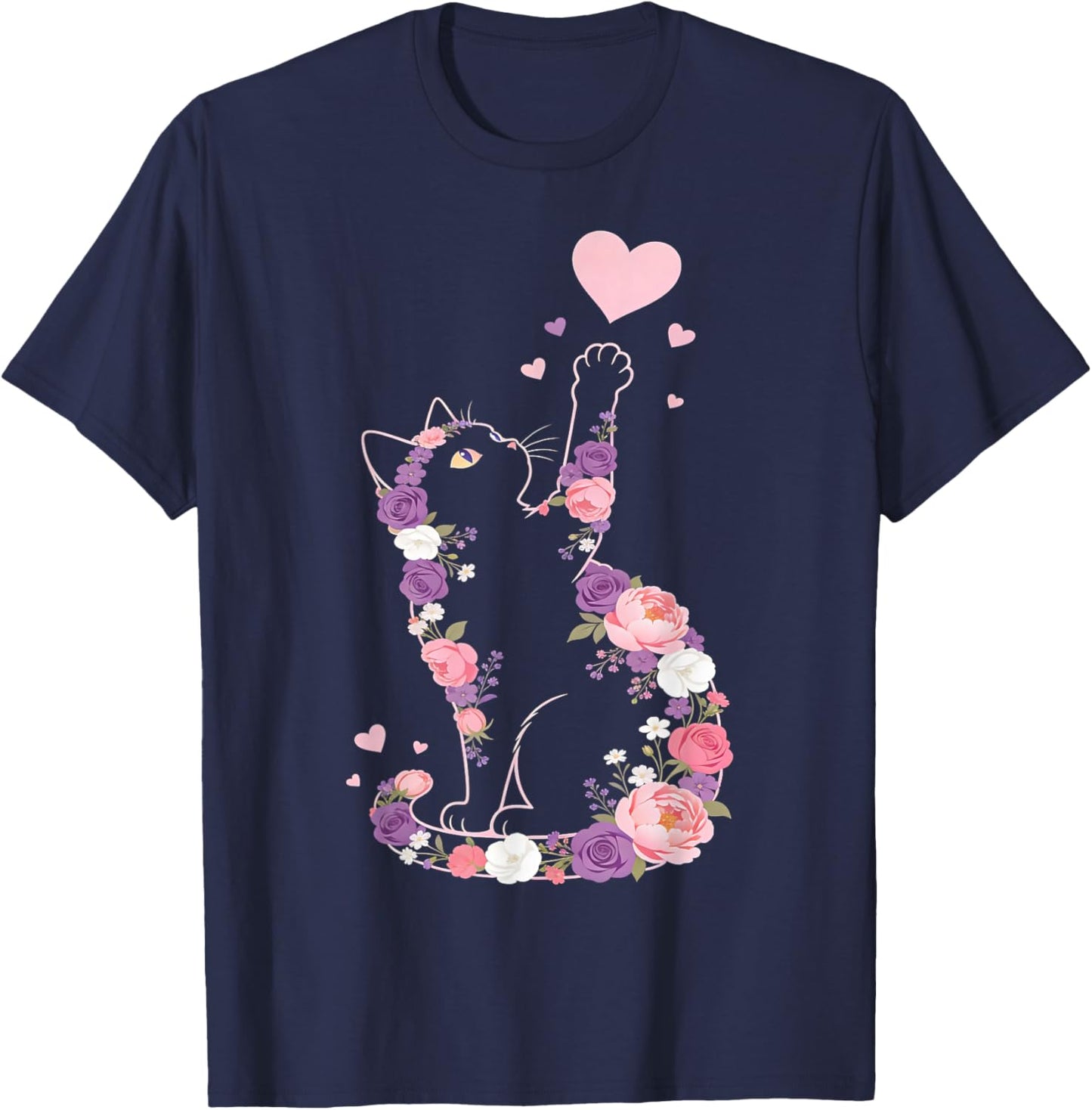 Cute Flower Cat Owners Artwork with Hearts and Roses T-Shirt - T-Shirt | Navy