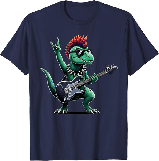 Cute Dinosaur Rock'n Roll Goth Dino Band Rock Star Guitarist T-Shirt - T-Shirt | Navy