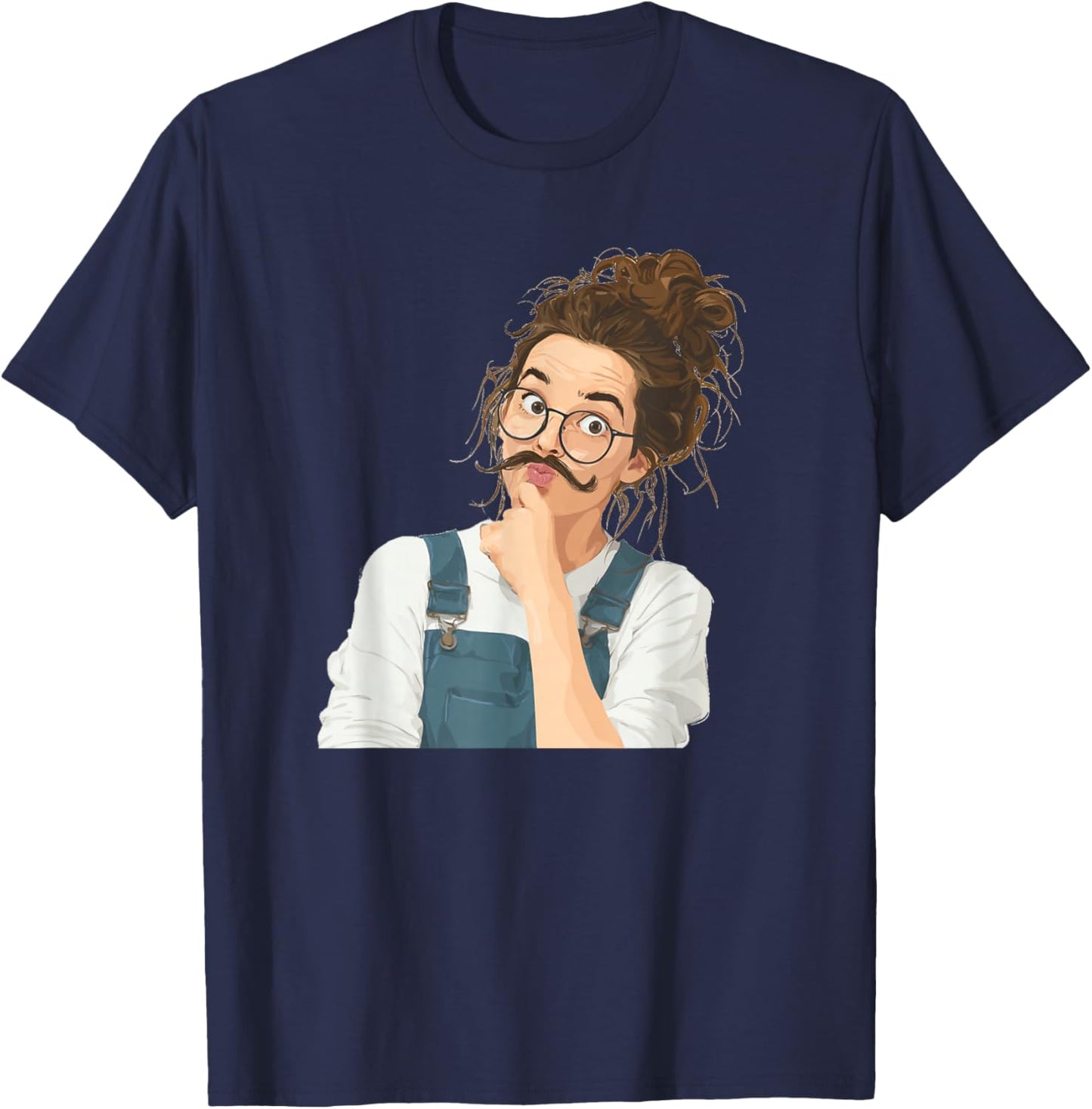 Funny Draft Art Girl with Mustache Beard T-Shirt - T-Shirt | Navy