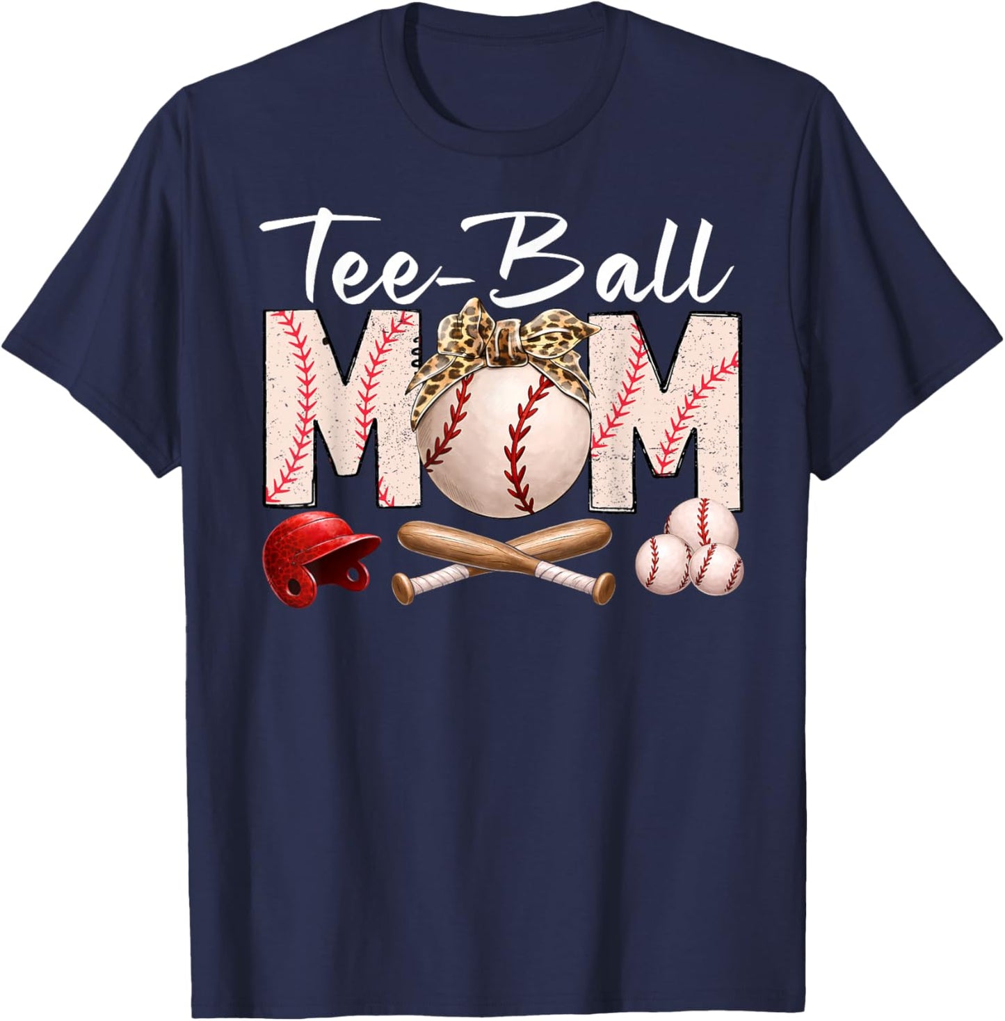 Ball Mom Funny TBall Leopard Print Bow Mother's Day T-Shirt - T-Shirt | Navy