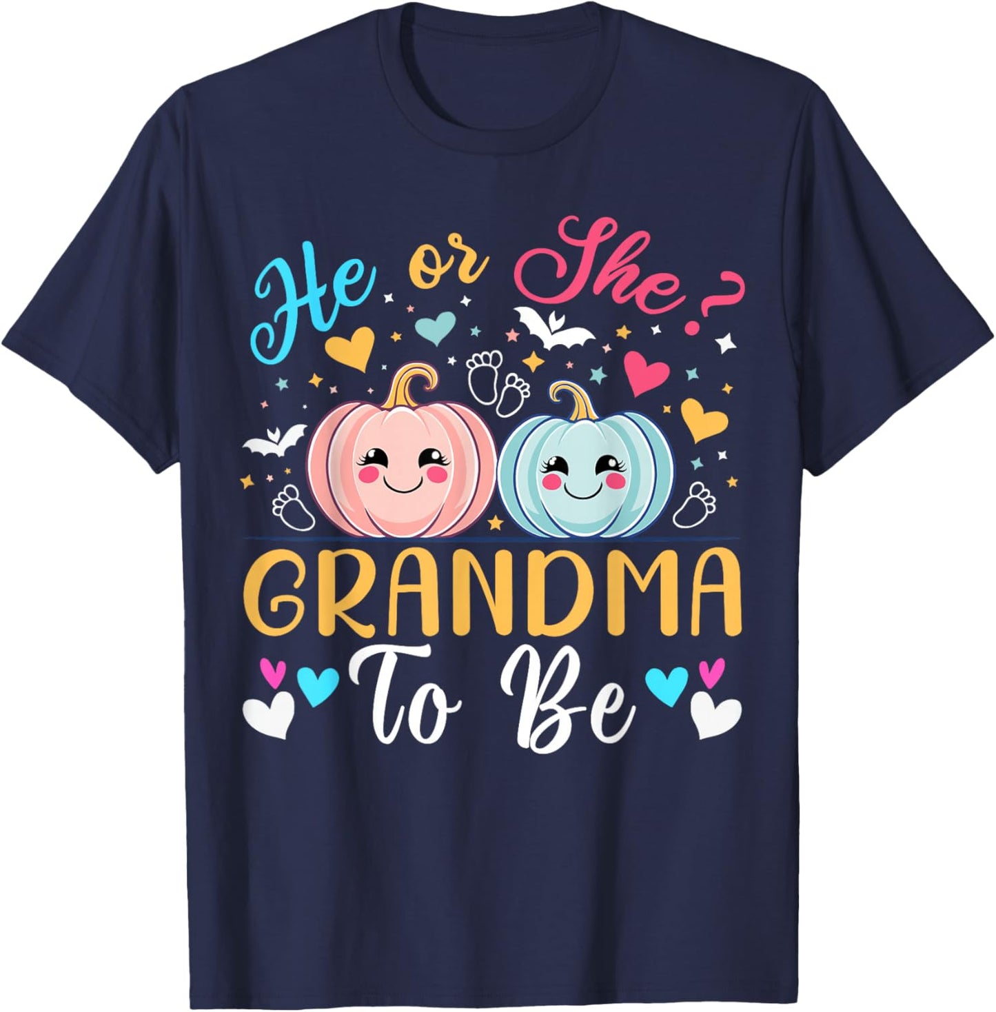 Halloween Gender Reveal He or She Grandma To Be Pumpkin T-Shirt - T-Shirt | Navy