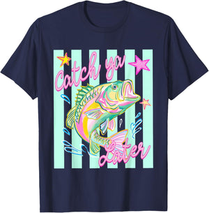 Striped Catch Ya Later Bass Fishing Summer Coastal Lake Life T-Shirt - T-Shirt | Navy