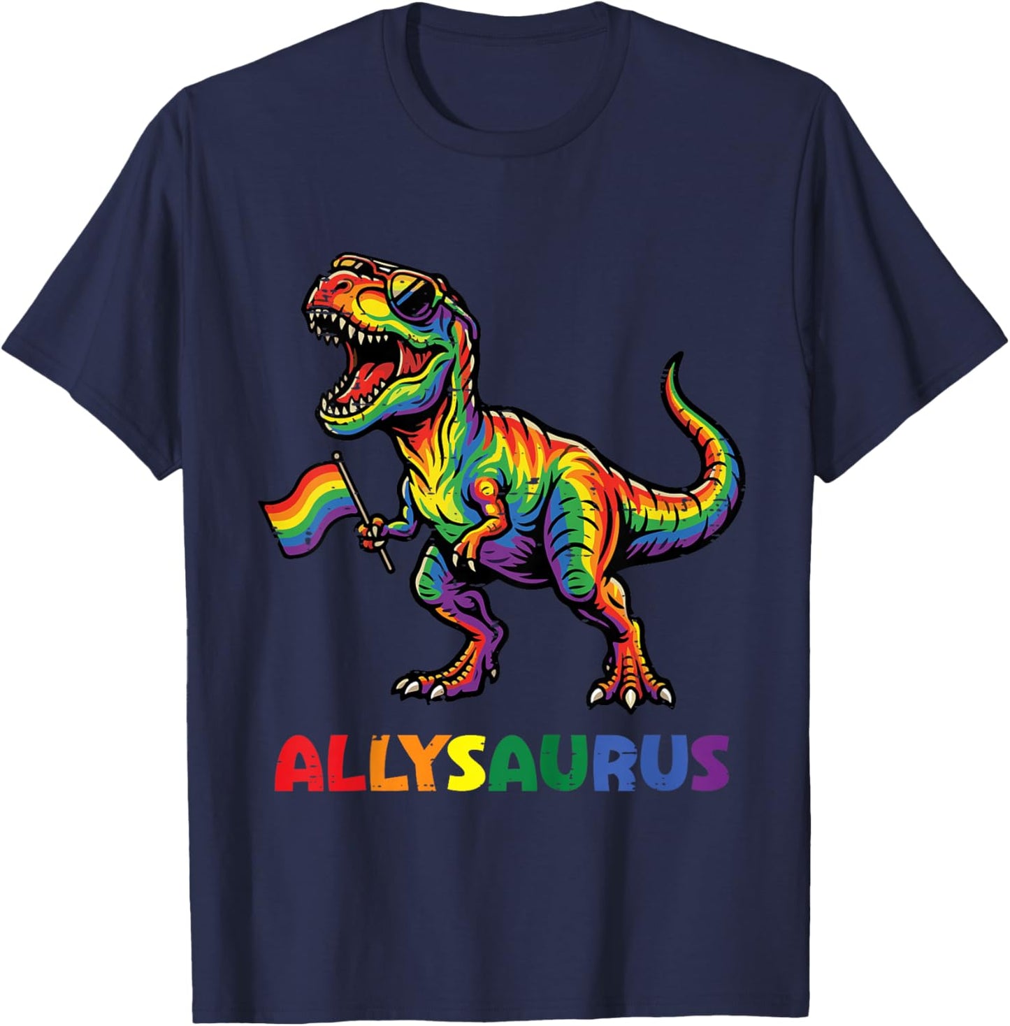Kids Rainbow Dino Flag Allysaurus LGBTQ Ally Gay Pride Boys Kids T-Shirt - T-Shirt | Navy