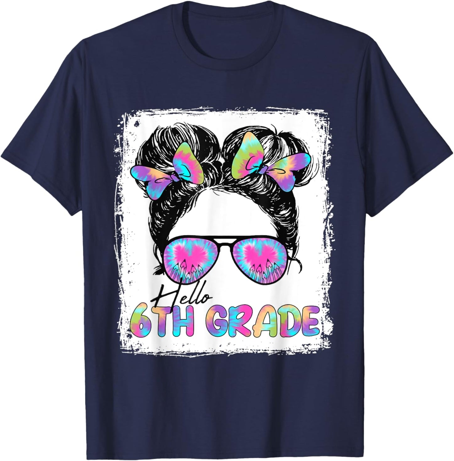 Hello 6th Grade Messy Hair Bun Girl Back To School First Day T-Shirt - T-Shirt | Navy