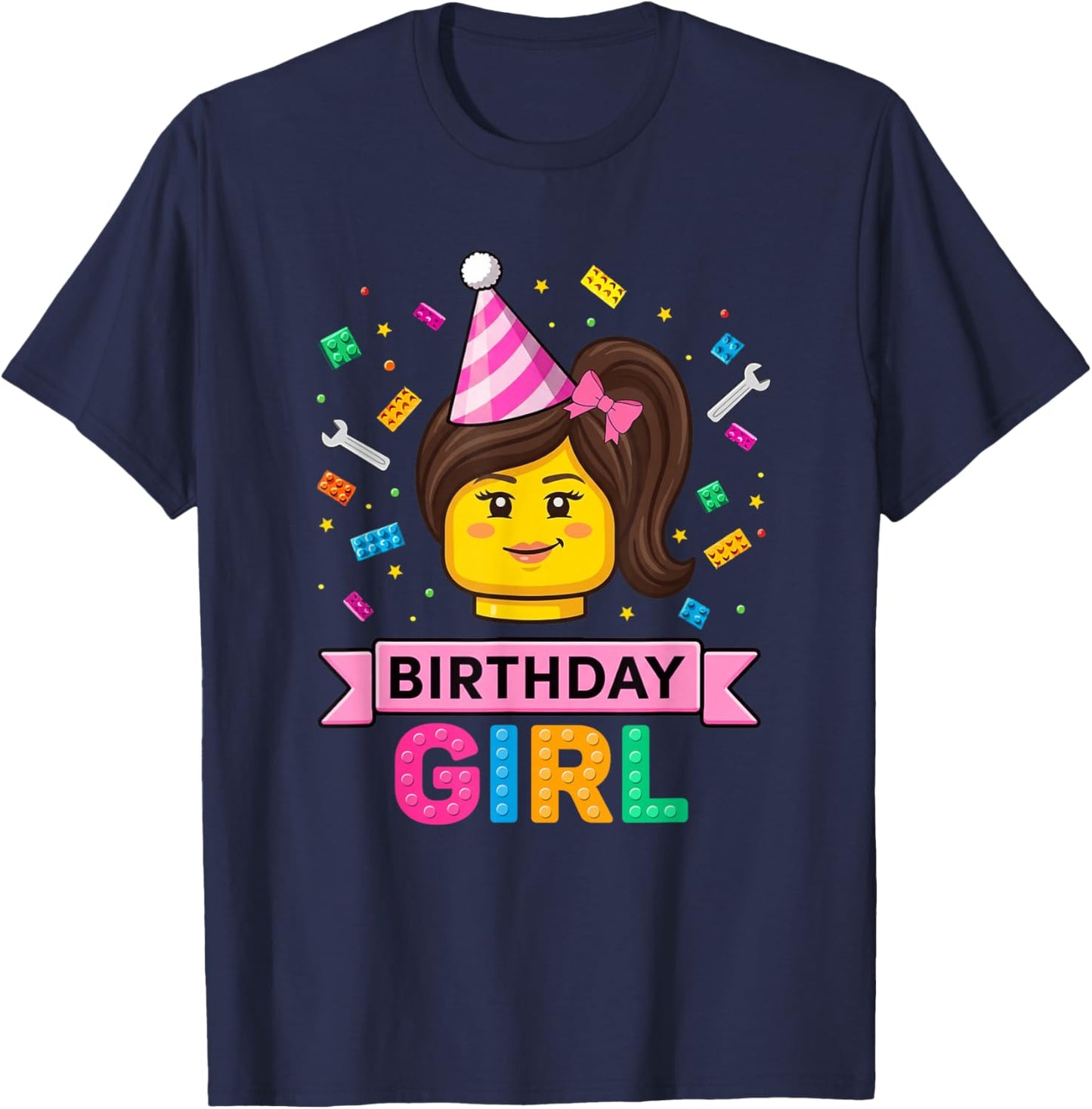 Building Bricks Girl Birthday Party Master Builder Blocks T-Shirt - T-Shirt | Navy