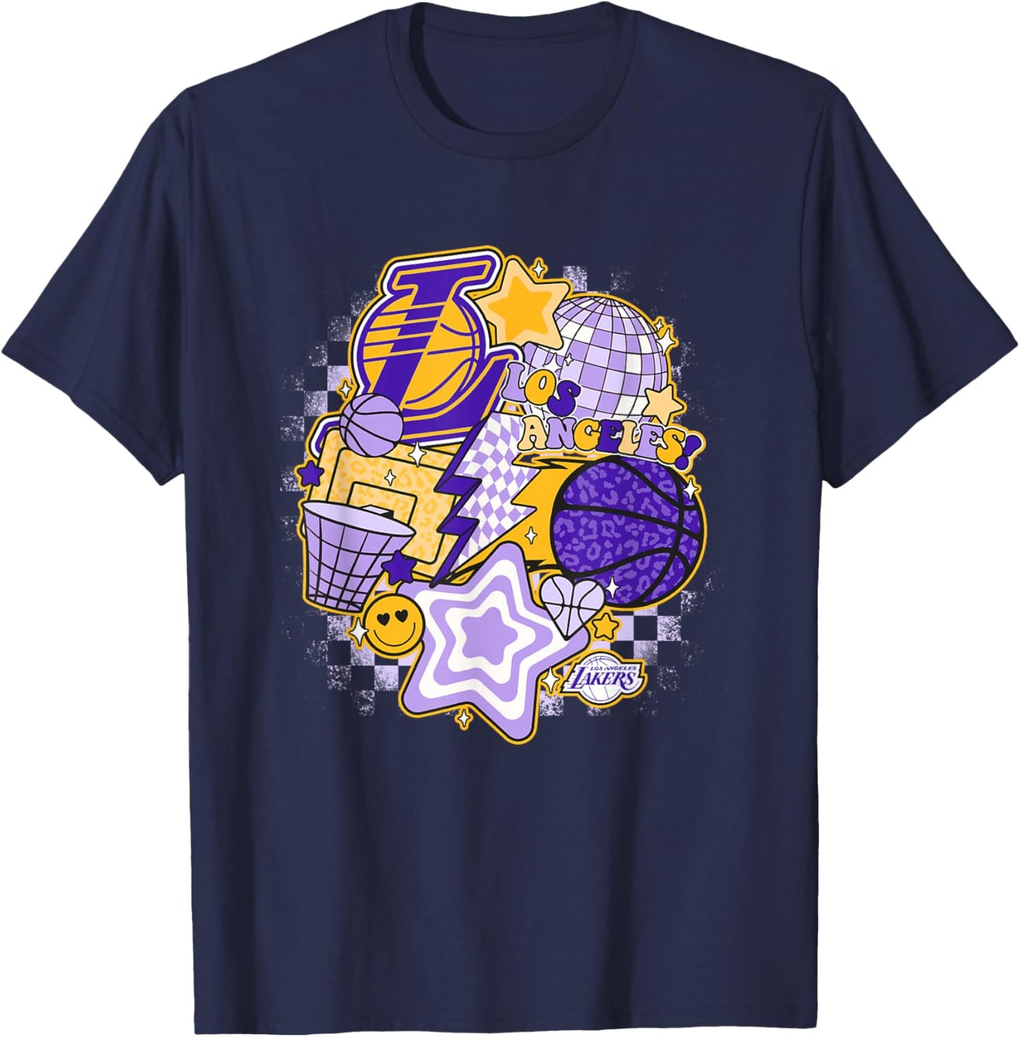 NBA Los Angeles Lakers Psychedelic Basketball Collage , Small, White T-Shirt - T-Shirt | Navy