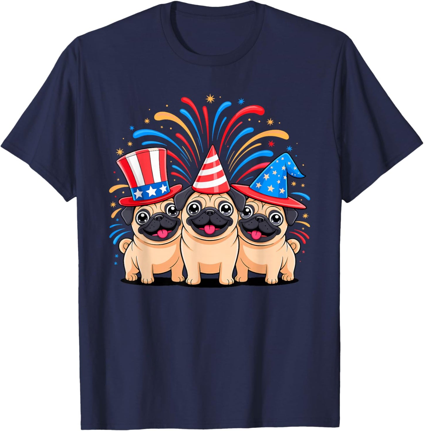 Fourth of July Three Patriotic Pug Puppies T-Shirt - T-Shirt | Navy