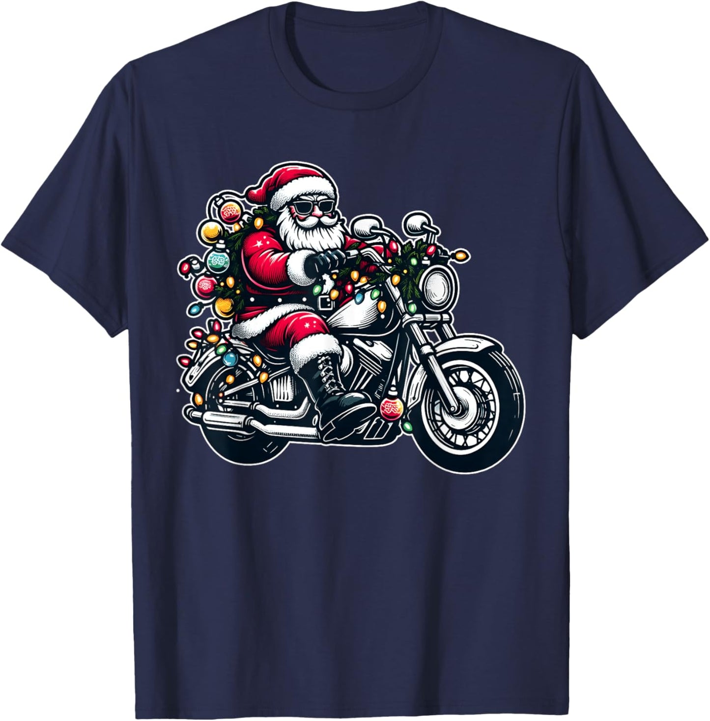 Santa Claus on Motorcycle Funny Biker Christmas Xmas Lights T-Shirt - T-Shirt | Navy