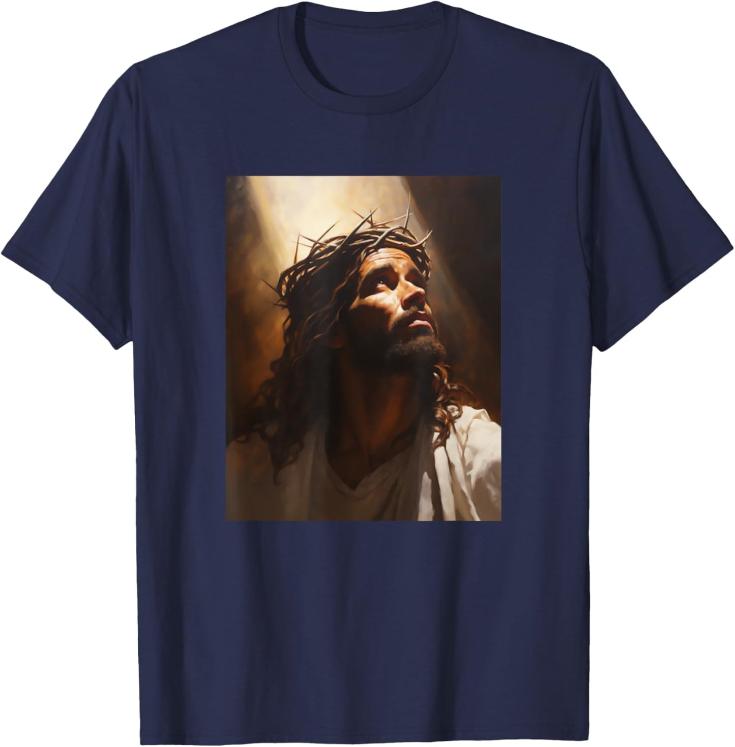 Jesus Christ In Light Wearing Crown Of Thorns Face Of Jesus T-Shirt - T-Shirt | Navy