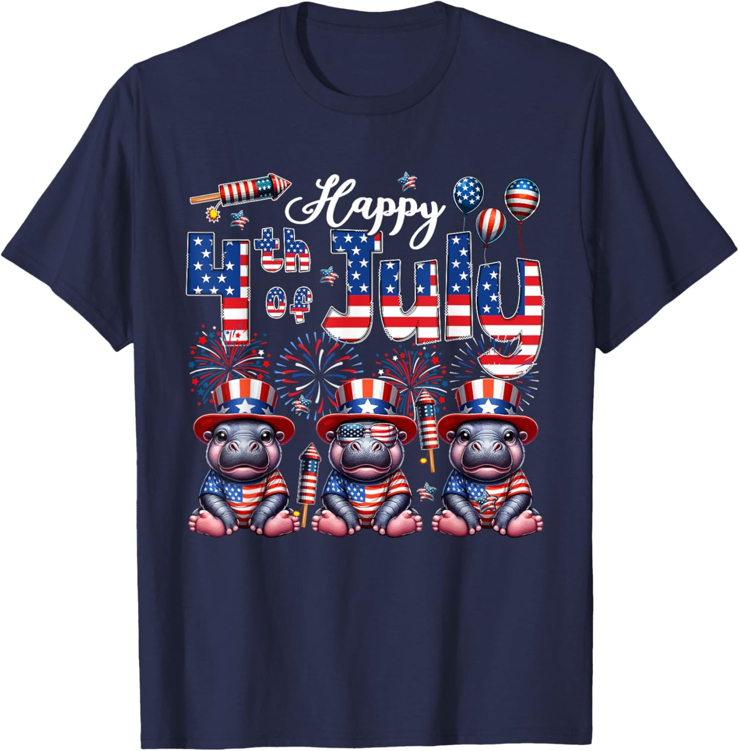 Happy 4th Of July Three Cute Hippos Sunglasses Flag Proud T-Shirt - T-Shirt | Navy