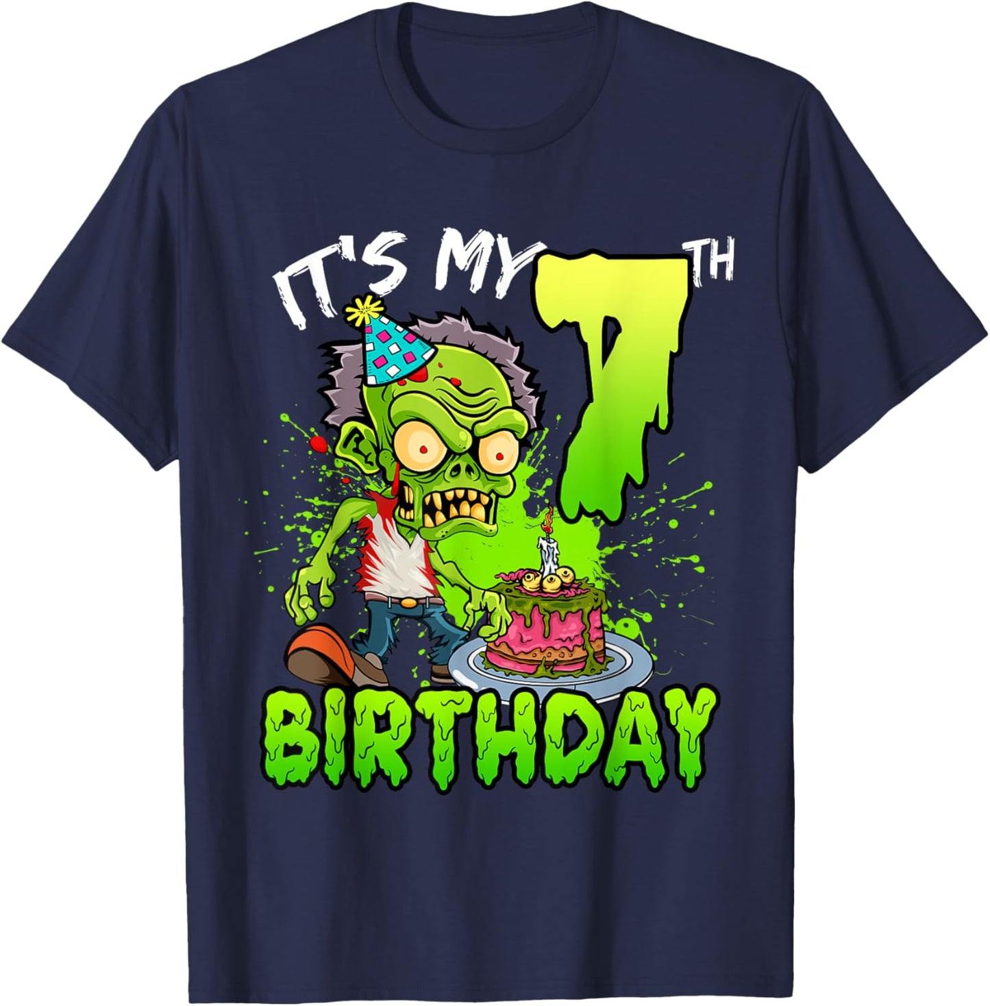 It's My 7th Birthday Zombie Lover 7 Year Old Boys Girls T-Shirt - T-Shirt | Navy