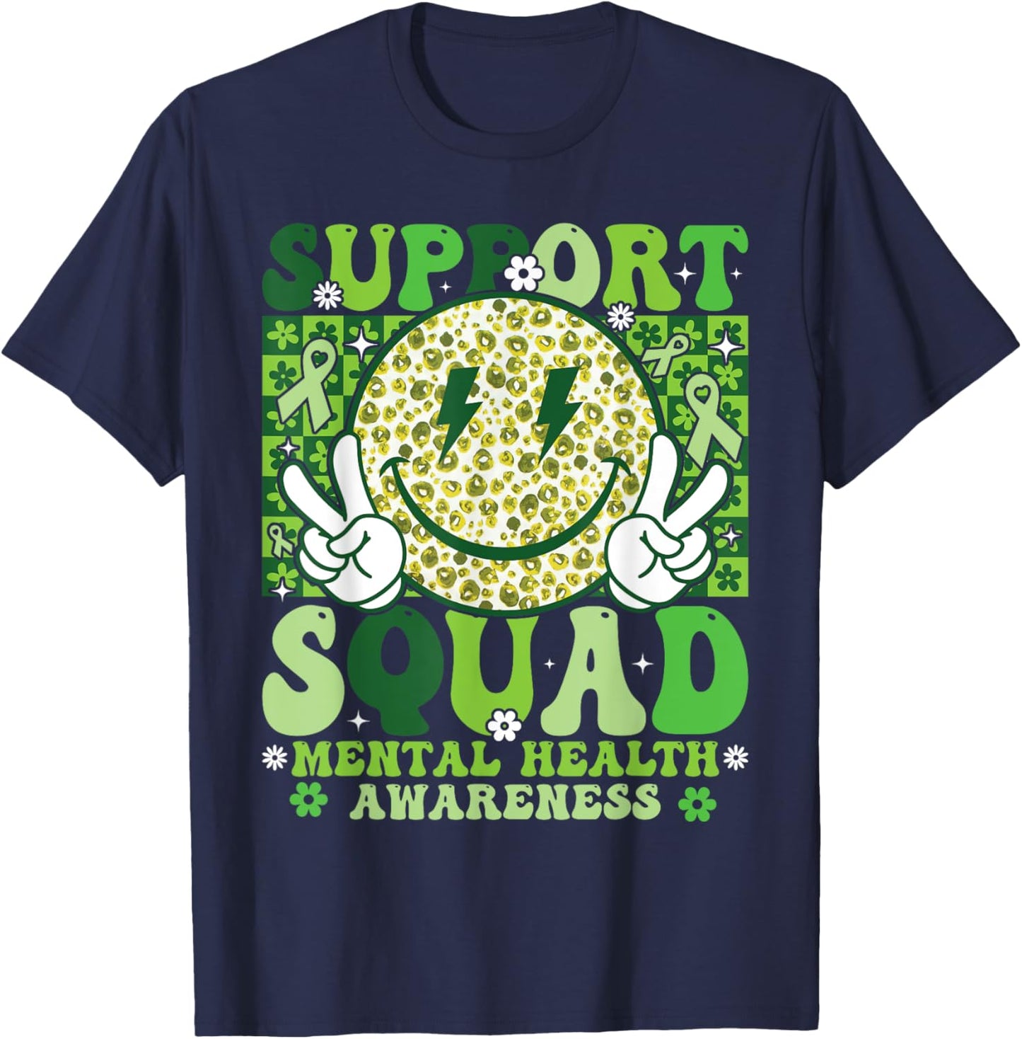 Support Squad Mental Health Awareness Month Smile Face Green T-Shirt - T-Shirt | Navy